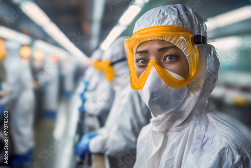 Portrait of asian woman in hazmat suit and protective glasses looking at camera. photo