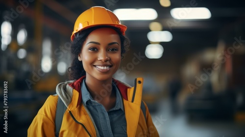 b'portrait of a young african american woman wearing a hard hat in a factory'
