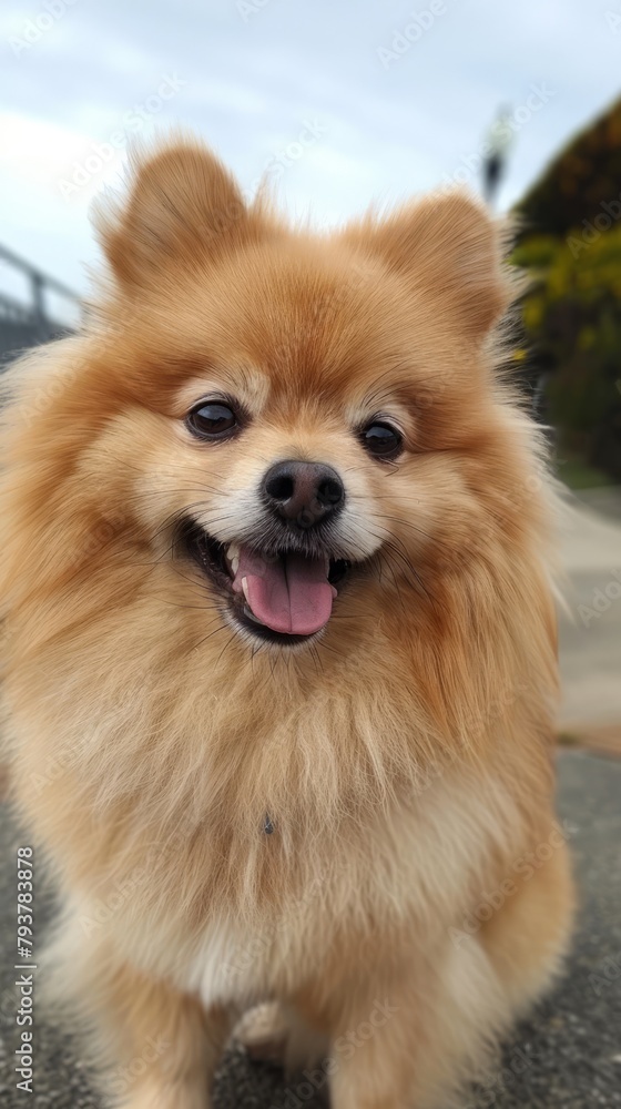 A fluffy brown Pomeranian dog is smiling with its tongue out A fluffy brown Pomeranian dog is smiling with its tongue out
