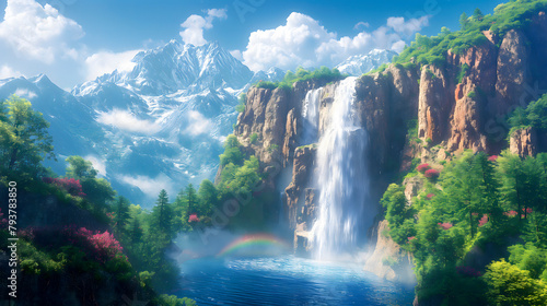 Beautiful waterfall in the mountains. Landscape with a waterfall in the mountains. © Nutchanok