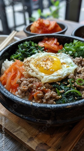 Korean food dolsot bibimbap with egg and kimchi