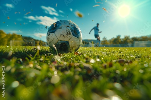closed up soccer ball or football  on the grassfield photo