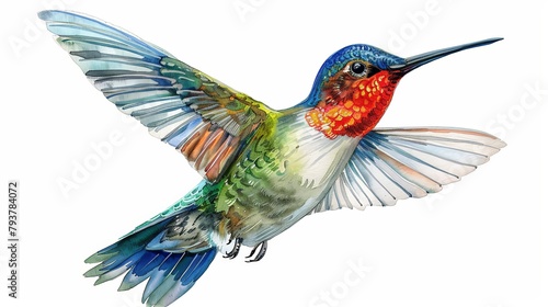 Hummingbird design illustration in multicolor watercolor style isolated