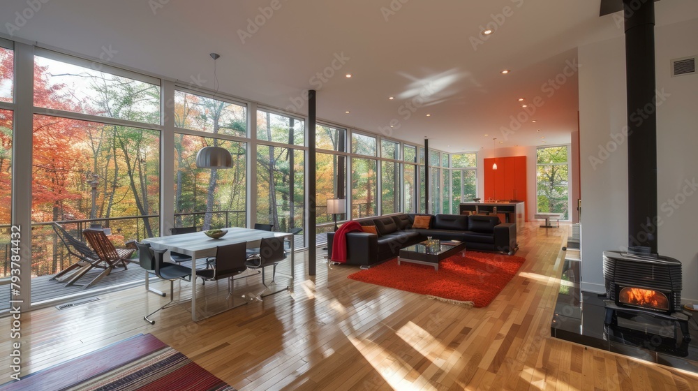 b'Modern house interior living room with large windows and view of forest' b'Modern house interior living room with large windows and view of forest'