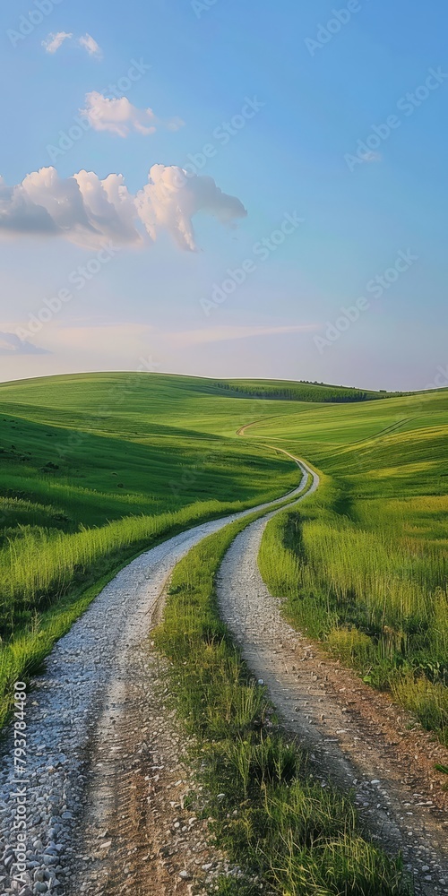 Fototapeta premium Countryside dirt road through green rolling hills