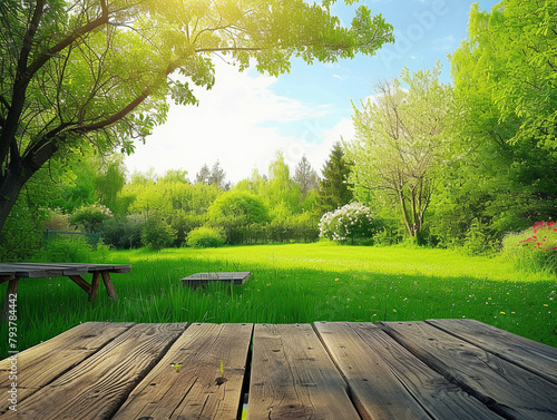 Sunny Park Picnic Table with Lush Greenery