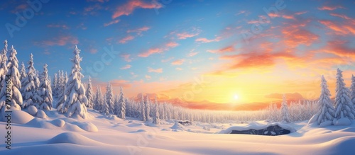 Snowy landscape with sunset and trees