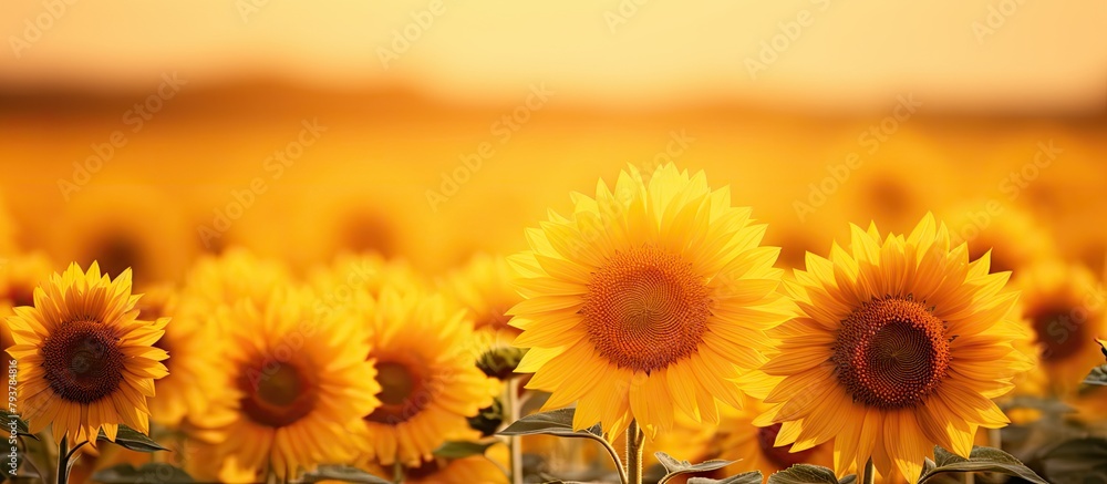 Fototapeta premium Field of sunflowers under yellow sky