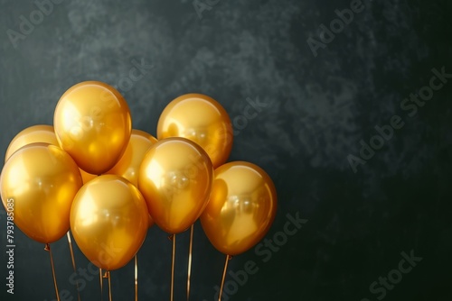 b'Gold balloons bunch on dark background'