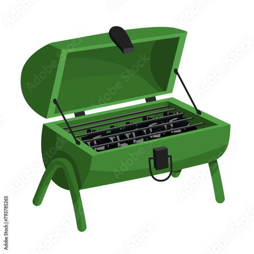 A charcoal iron outdoor grill with coals, creating an atmosphere of cooking. Perfect for barbecue-themed invitations, outdoor cooking. An insulated object on legs with an open top. Black coal