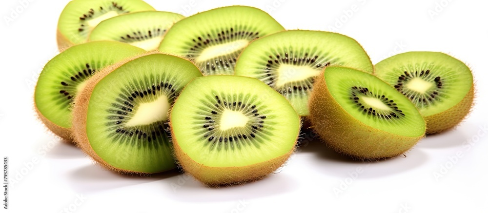 Fototapeta premium Many halved kiwis on white surface