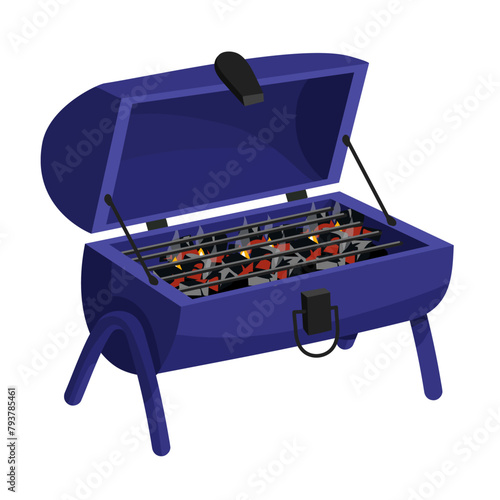An iron outdoor grill with burning coals, creating an atmosphere of cooking. Perfect for barbecue-themed invitations, outdoor cooking. An insulated object on legs with an open top. Black coal