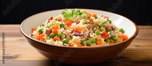 Bowl of mixed vegetables and rice on a table