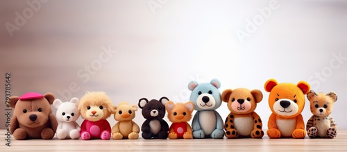 Row of plush toys atop a table photo