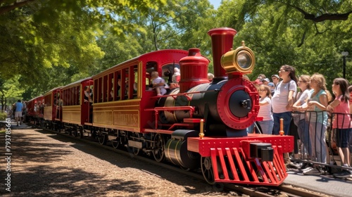 A vibrant red and black train speeds past a crowd of people on a bustling city street