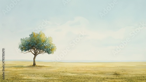Solitary Tree on Vast Plains Under Open Sky, suitable for tranquil nature scenes and backgrounds