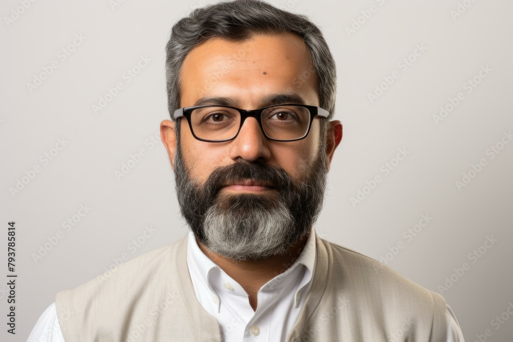 b'Portrait of a middle-aged man with glasses and a beard'