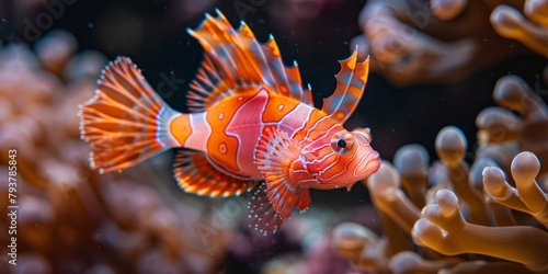 A vibrant and detailed image of a red and orange-striped scorpionfish