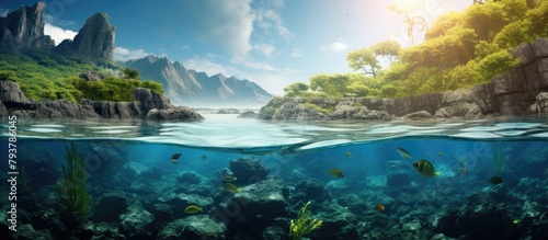 Tropical island and mountain range underwater