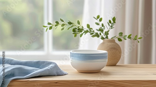 A ceramic bowl sits on a wooden table near a vase of eucalyptus.