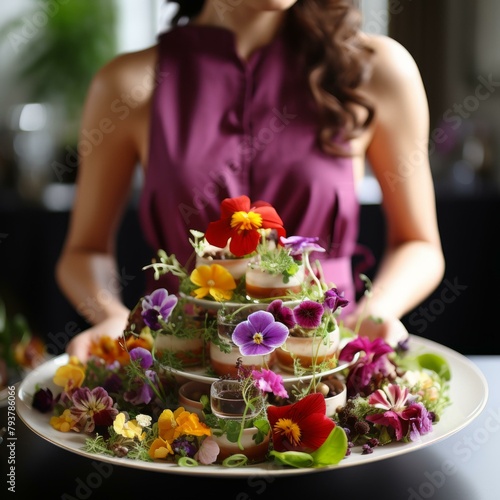 b'woman holding a plate of colorful flowers and herbs'