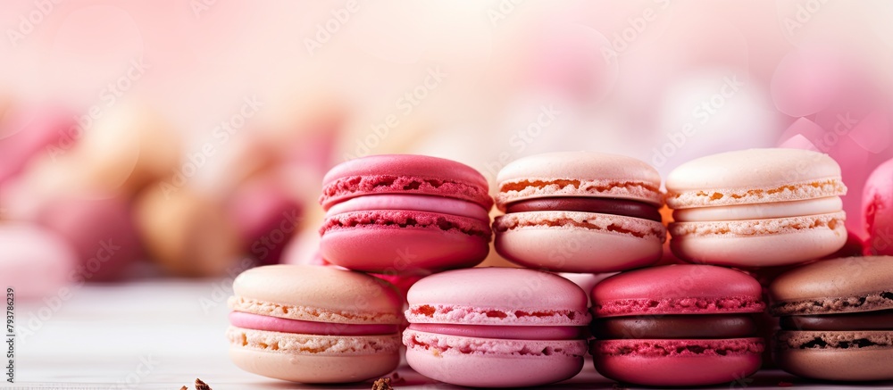 A bunch of colorful macarons on a surface A bunch of colorful macarons on a surface