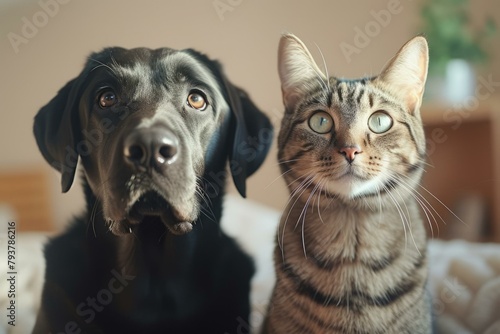 b'A black dog and a tabby cat are sitting side by side, looking up at something.'