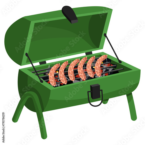 An iron outdoor grill with burning coals and fresh meat sausages, creating an atmosphere of cooking. Perfect for barbecue-themed invitations. An insulated object on legs with an open top. Black coal