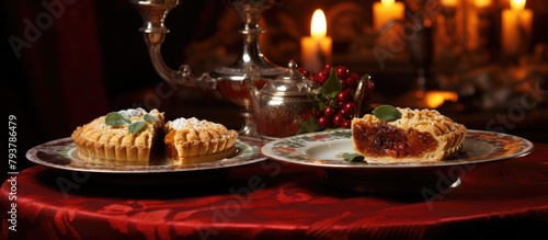 Two plates food table candles background