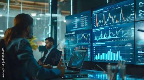 Financial analyst presenting a detailed stock market analysis using graphs and charts in a boardroom setting.