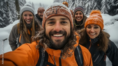 b'A group of friends hiking in the snow'
