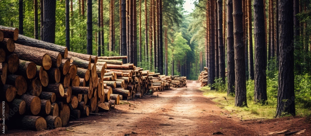 A path winding through a thick forest filled with numerous logs A path winding through a thick forest filled with numerous logs