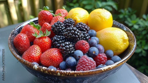 b A bowl of fresh summer berries and citrus 