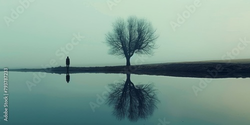Man standing alone in front of a body of water with a tree in the middle photo