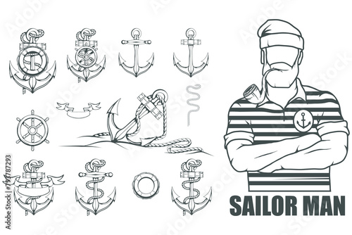 Hand Drawn sailor. Cartoon bearded man character. Sailor character head. Anchor Tattoo patch. Sea set. Vector artwork