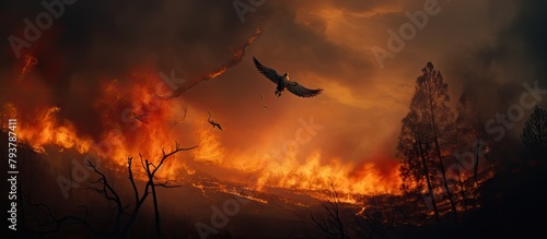 A bird soaring above flames in the sky