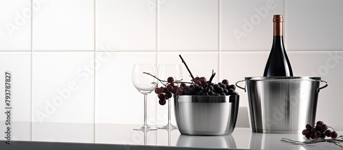 Wine bottles, glasses, and grapes on counter