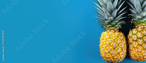 Two pineapples on blue surface with blue background
