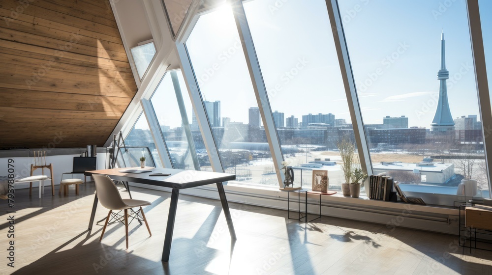 Fototapeta premium b'Modern interior space with large windows and city view'