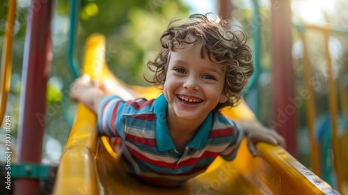 A young boy is smiling and playing on a yellow slide