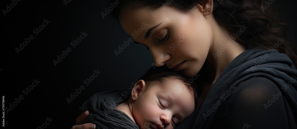 Mother cradling infant in blanket while asleep Mother cradling infant in blanket while asleep