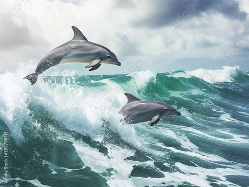 dolphins jump over breaking waves. Marine animals © mirifadapt