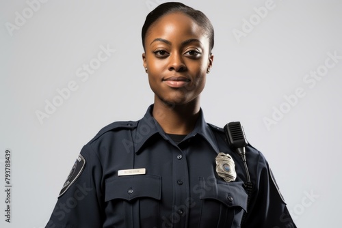 b'A policewoman in uniform with a gun and a badge.' photo