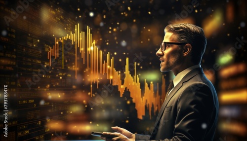 A businessman looking at a glowing stock market graph.