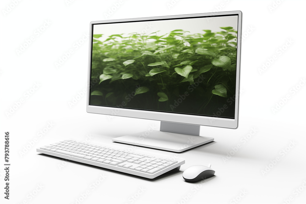 Computer on desk with white background. Subject related to the business world. Computer related topics. Image for graphic designer. Telework. Coworking. Computer on desk with white background. Subject related to the business world. Computer related topics. Image for graphic designer. Telework. Coworking.