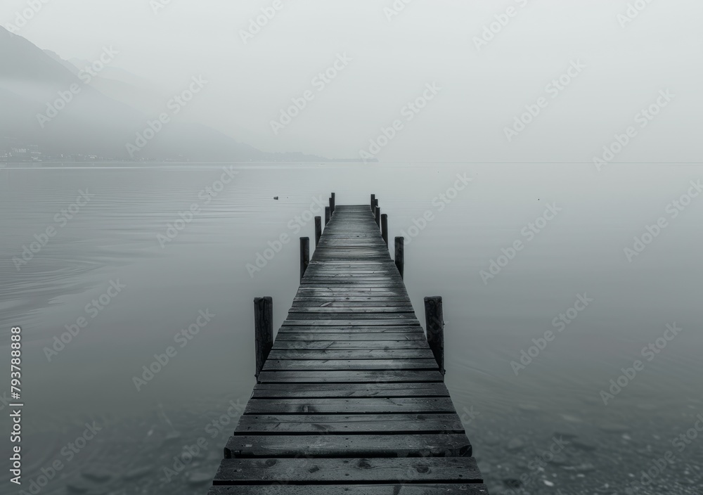 Wooden dock extending into a calm lake on a foggy day Wooden dock extending into a calm lake on a foggy day