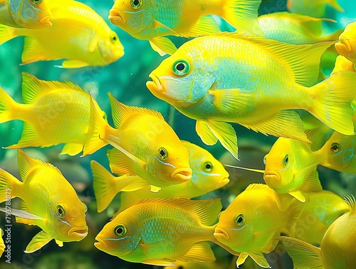 ocean fish close-up, school of fish swimming undewater, green and bright yellow color palette photo