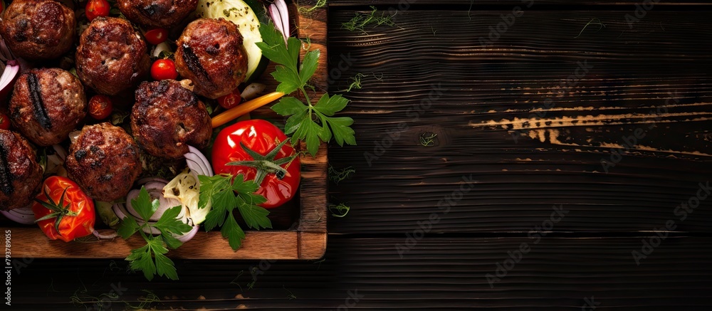 A cutting board with assorted meat and fresh vegetables - obrazy, fototapety, plakaty 