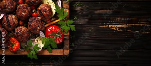 A cutting board with assorted meat and fresh vegetables © Ilgun