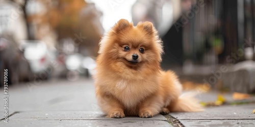 Pomeranian Dog Sitting on Sidewalk